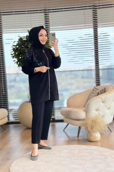 3032 Sol Omuz İnci Payet Nakış Fermuarlı Takım Siyah