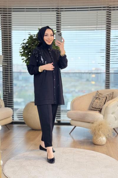 3033 Ön Boncuk İşli Çıtçıtlı Takım Siyah