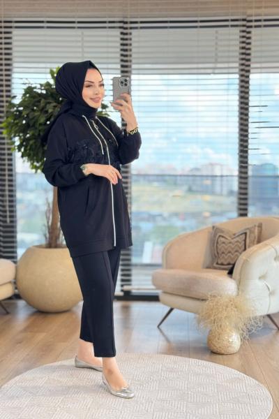 3034 Ortası Tül Çiçekli Fermuarlı Takım Siyah