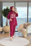 3034 Ortası Tül Çiçekli Fermuarlı Takım Bordo