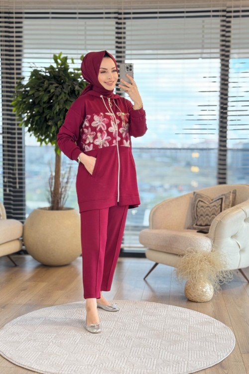 3034 Ortası Tül Çiçekli Fermuarlı Takım Bordo