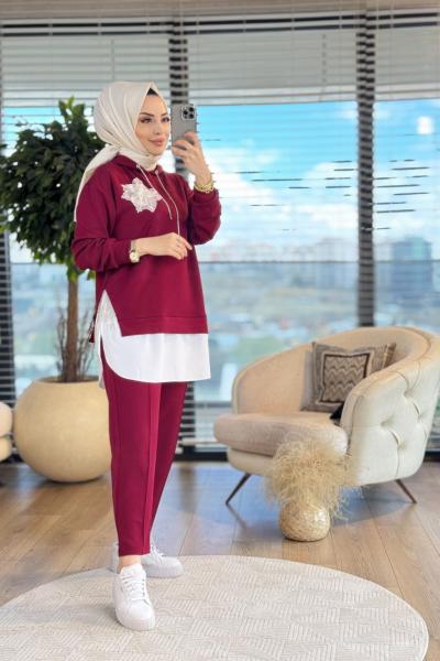 3035 Çiçek Broşlu Kapşonlu Takım Bordo
