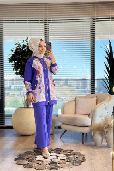 3037 Önü Tül Üstü Kabartma İşli Takım Mor