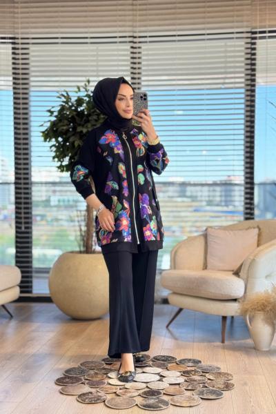 3037 Önü Tül Üstü Kabartma İşli Takım Siyah