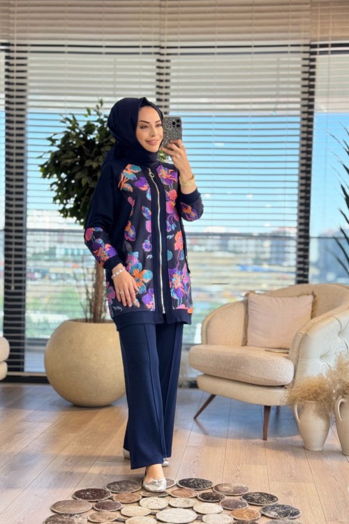 3037 Önü Tül Üstü Kabartma İşli Takım Lacivert