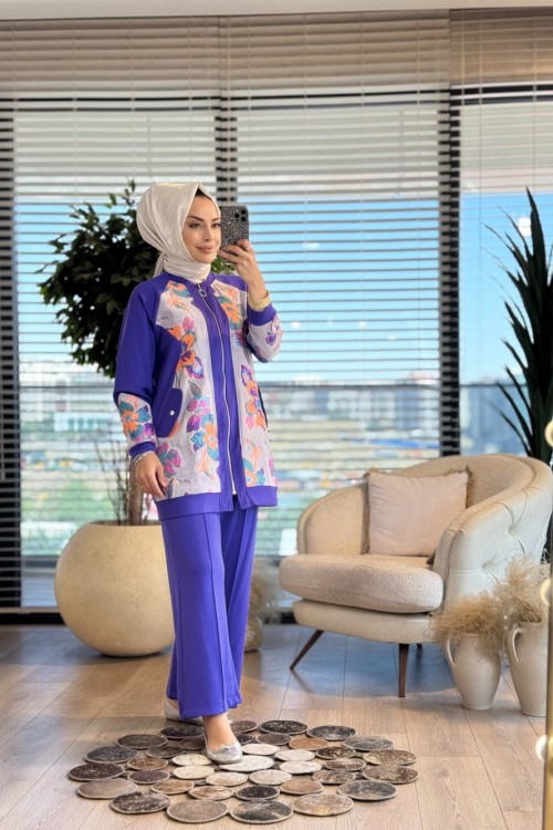 3037 Önü Tül Üstü Kabartma İşli Takım Mor