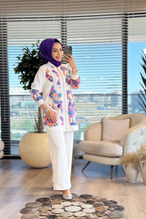 3037 Önü Tül Üstü Kabartma İşli Takım Ekru