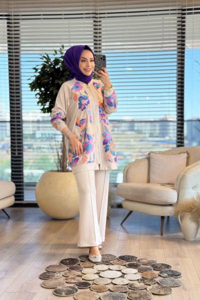 3037 Önü Tül Üstü Kabartma İşli Takım Bej