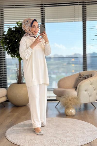 3038 Roba 3 Sıra Tül Üstü Çiçek Nakışlı Takım Ekru