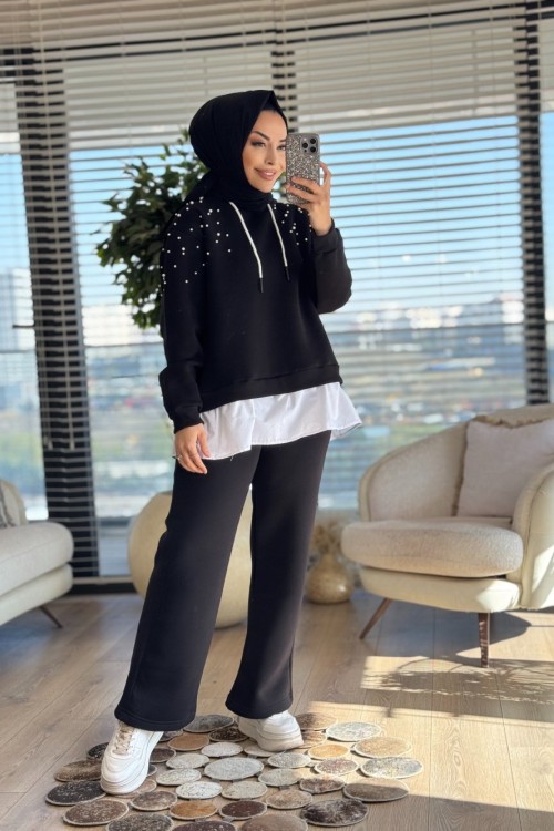 3039 Omuzları İnci İşli İki İplik Takım Siyah