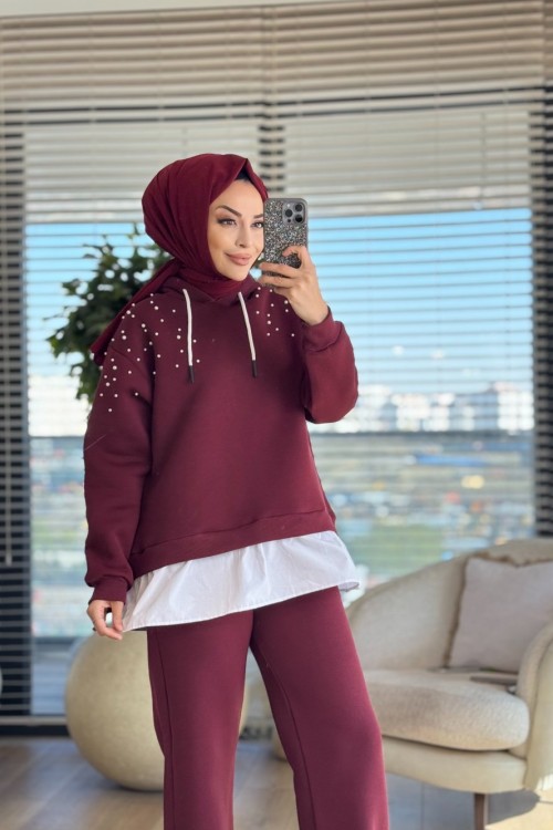 3039 Omuzları İnci İşli İki İplik Takım Bordo