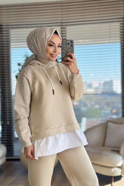 3039 Omuzları İnci İşli İki İplik Takım Bej