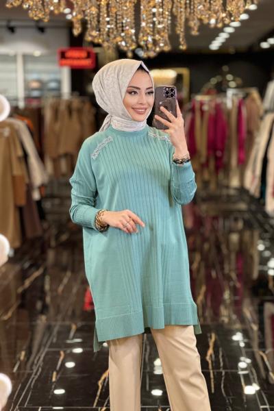 3041 Omuz Ve Etek Ucu Taş Detaylı Triko Tunik Çağla