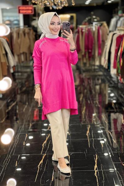 3041 Omuz Ve Etek Ucu Taş Detaylı Triko Tunik Fuşya