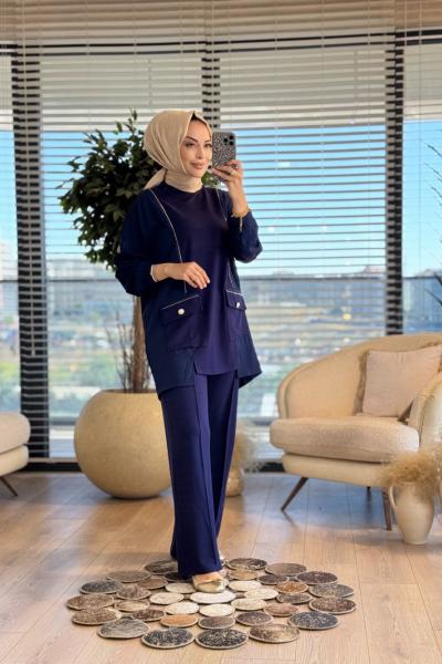 3042 Önü Fermuar Aksesuarlı Takım Lacivert