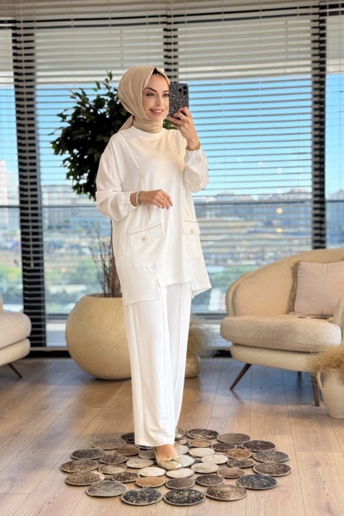3042 Önü Fermuar Aksesuarlı Takım Ekru