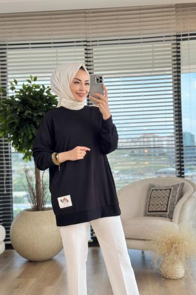 30427 Etiket Detaylı Ribana Kumaş Tunik Siyah