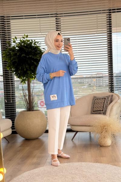 30427 Etiket Detaylı Ribana Kumaş Tunik Mavi