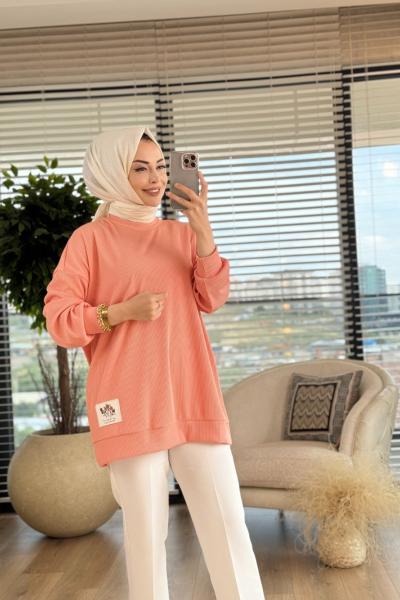 30427 Etiket Detaylı Ribana Kumaş Tunik Şeftali