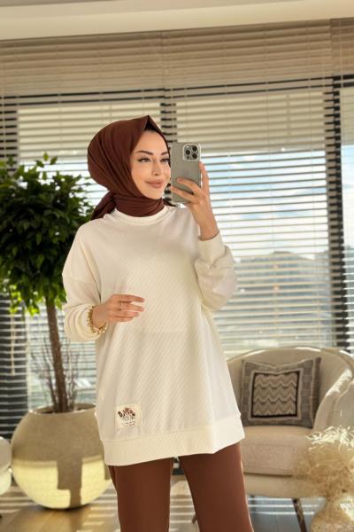 30427 Etiket Detaylı Ribana Kumaş Tunik Ekru