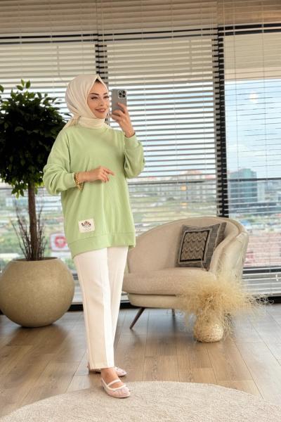 30427 Etiket Detaylı Ribana Kumaş Tunik Çağla