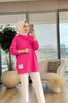 30427 Etiket Detaylı Ribana Kumaş Tunik Fuşya