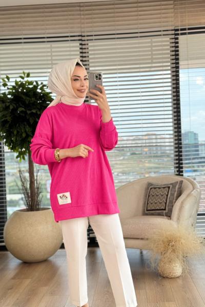 30427 Etiket Detaylı Ribana Kumaş Tunik Fuşya