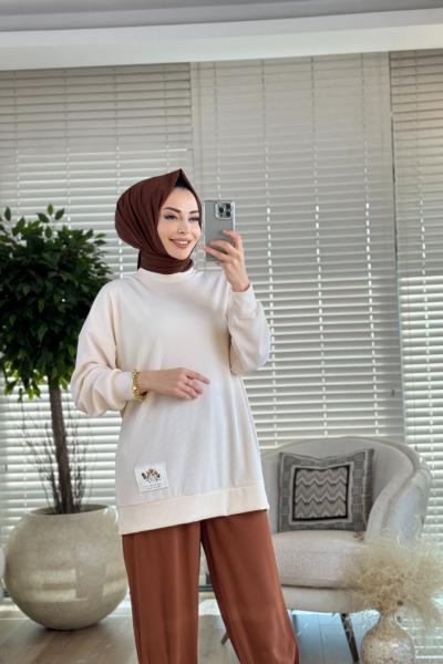 30427 Etiket Detaylı Ribana Kumaş Tunik Bej