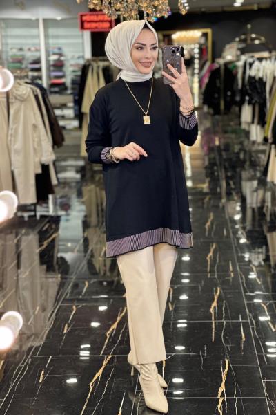 3043 Etek Ve Kol Ucu Ribanalı Triko Tunik Siyah