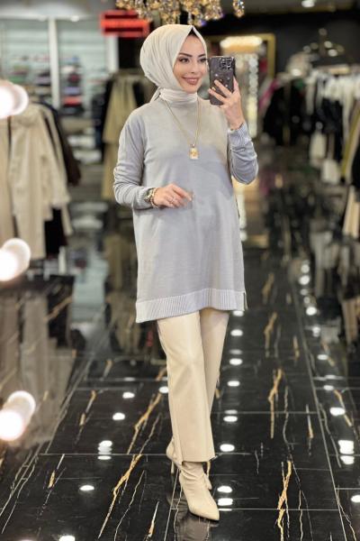 3043 Etek Ve Kol Ucu Ribanalı Triko Tunik Gri