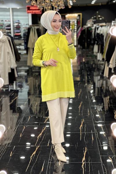 3043 Etek Ve Kol Ucu Ribanalı Triko Tunik Yağ Yeşili