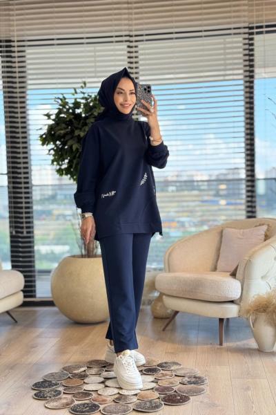 3046 Asimetrik Taş Detaylı Takım Lacivert