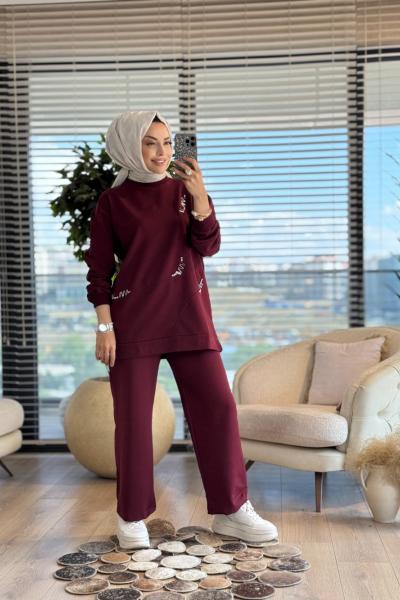 3046 Asimetrik Taş Detaylı Takım Bordo