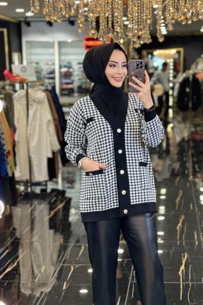 3046 Kazayağı Desen V Yaka Hırka Siyah