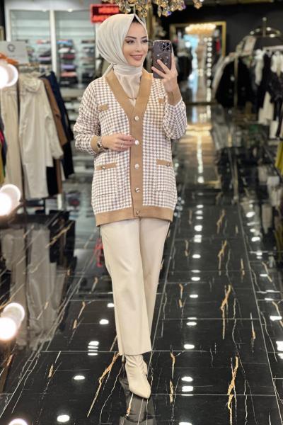 3046 Kazayağı Desen V Yaka Hırka Latte