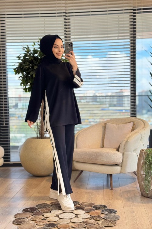 3047 Yanları İki Şeritli Takım Siyah