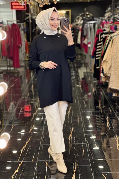 3049 Önü Çiçek Boncuk İşli Triko Tunik Siyah