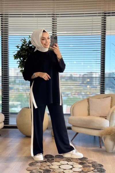 3049 Yırtmaçlı Garni Detaylı Takım Siyah