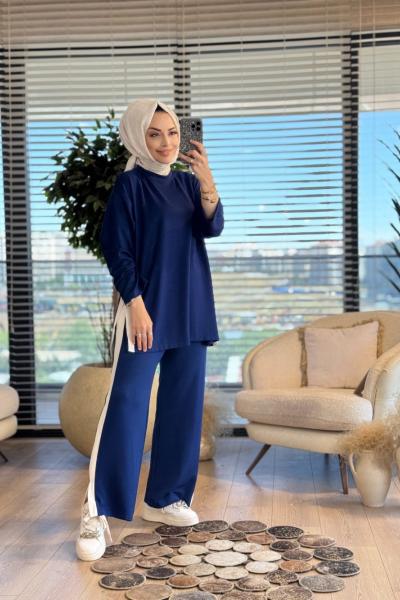 3049 Yırtmaçlı Garni Detaylı Takım Lacivert