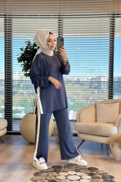 3049 Yırtmaçlı Garni Detaylı Takım Füme