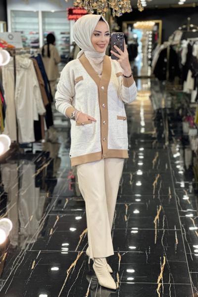 3050 Metal Düğmeli V Yaka Hırka Bej