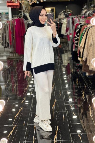 3051 Enine Fitilli Ön Kıs Arka Uzun Triko Tunik Ekru