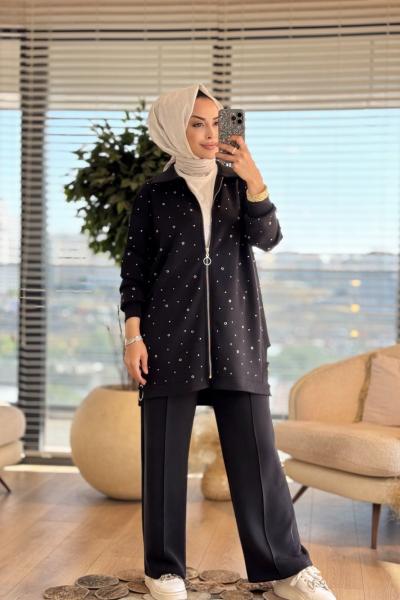 3051 Üstü Taş ve Zımba Detaylı Takım Siyah