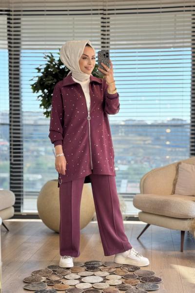 3051 Üstü Taş ve Zımba Detaylı Takım Bordo