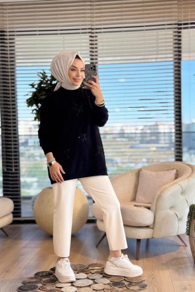 3052 Yıldız Motifli SweatShirt Siyah