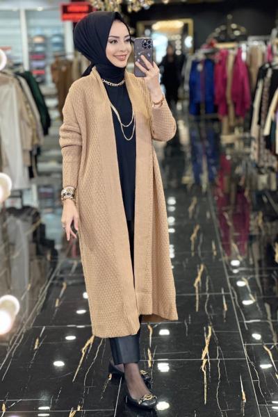 3054 Pirinç Örgü Uzun Hırka Latte