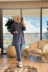 3055 Sağ Omuzu Taş Ve Fermuar Detaylı Takım İndigo