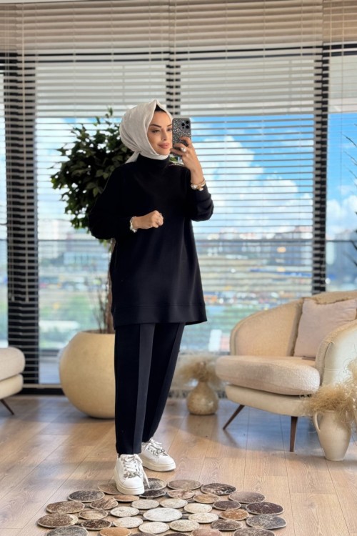 3055 Sağ Omuzu Taş Ve Fermuar Detaylı Takım Siyah
