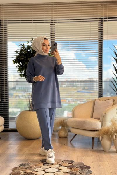 3055 Sağ Omuzu Taş Ve Fermuar Detaylı Takım İndigo