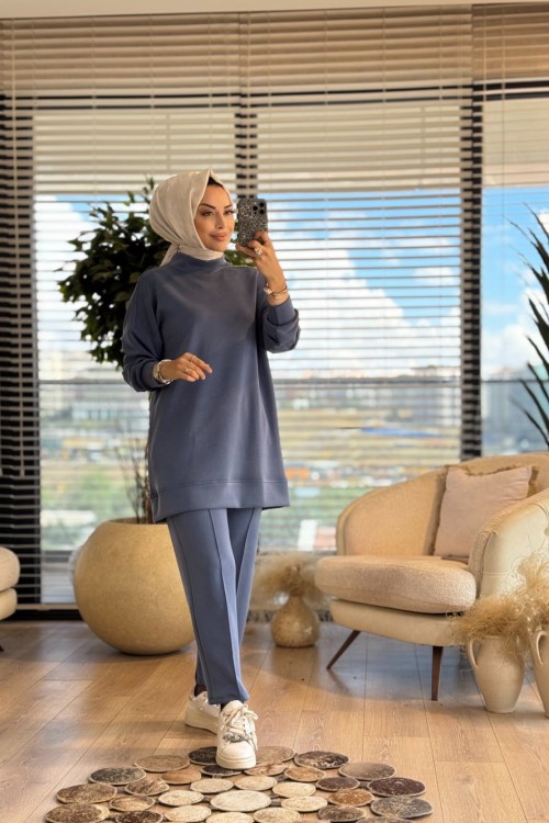 3055 Sağ Omuzu Taş Ve Fermuar Detaylı Takım İndigo